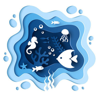 剪纸风格的水下海洞。有鱼、海马、水母和海藻的珊瑚礁