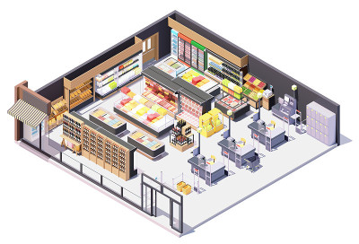 向量等距超市或杂货店建筑内部