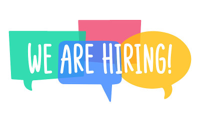 招聘招贴矢量设计。Text We Are Hiring on bright speech bubbl