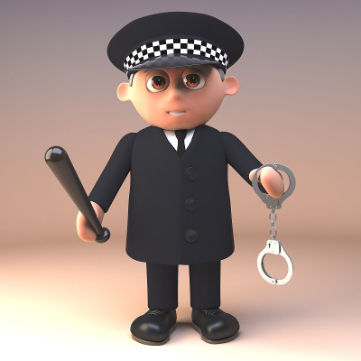 3d警察制服执勤持有一副手铐和警棍，3d插图