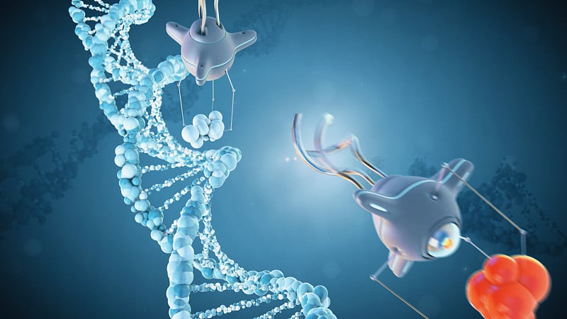 医用纳米机器人修复受损的DNA片段。3 d渲染。