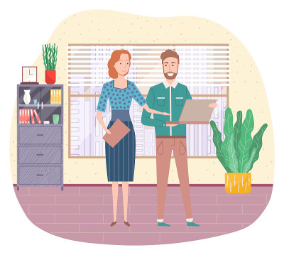 Business people standing near window and talking a