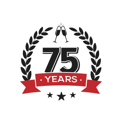 75岁生日复古标志模板。75周年复古孤立矢量徽章与红色丝带和月桂花环在白色背景。