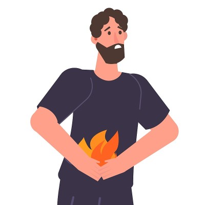 男人抱着腹部。胃灼热和胃部问题的概念。矢量插图。