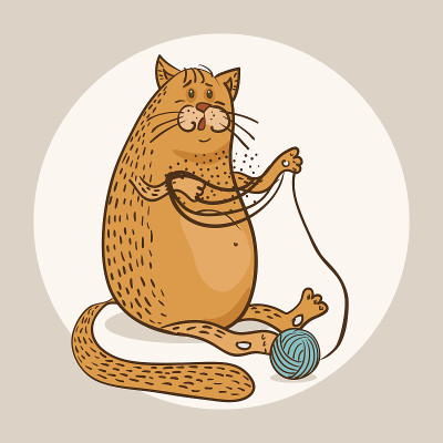 橙色的胖猫与球纱线矢量插图