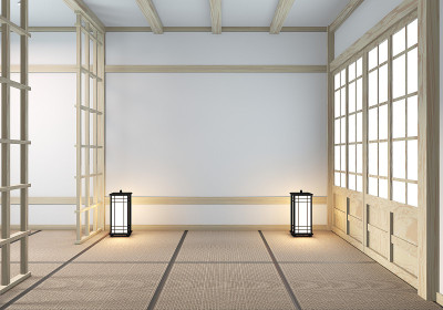 空房间，日式小木屋，榻榻米地板。三维渲染