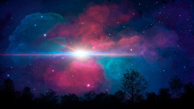 空间场景。五颜六色的星云与树木的剪影。数字手画