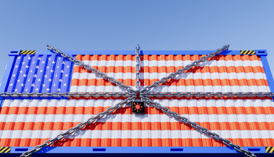 美国贸易和商业封锁概念设计和货物集装箱的3d渲染。