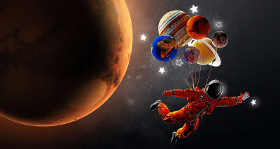 宇航员与气球和行星在火星和太空的背景。矢量图