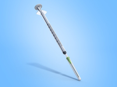 一次性注射器3d渲染在蓝色的背景