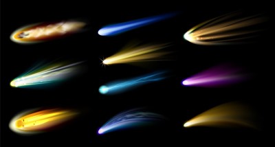 现实的流星和彗星。3 d流星。坠落或燃烧的陨石在大气中。宇宙模型。天文学小行星与轨迹的收集。矢量空间