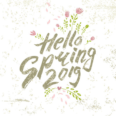 美丽的复古卡片与现代题词你好春天2019和绘制的春天鲜花。