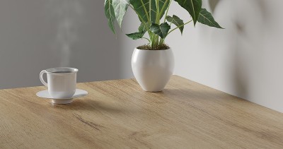 3d渲染工作桌与白色背景。木桌上放着空白本子、绿色植物和咖啡杯。最小的工作区。简单墙体室内设计概念模