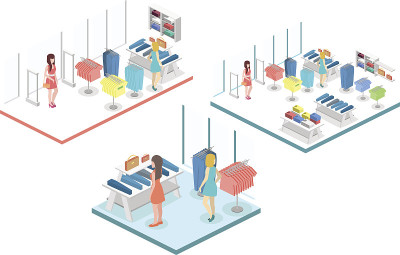 服装店内部的等距信息平面三维矢量图。