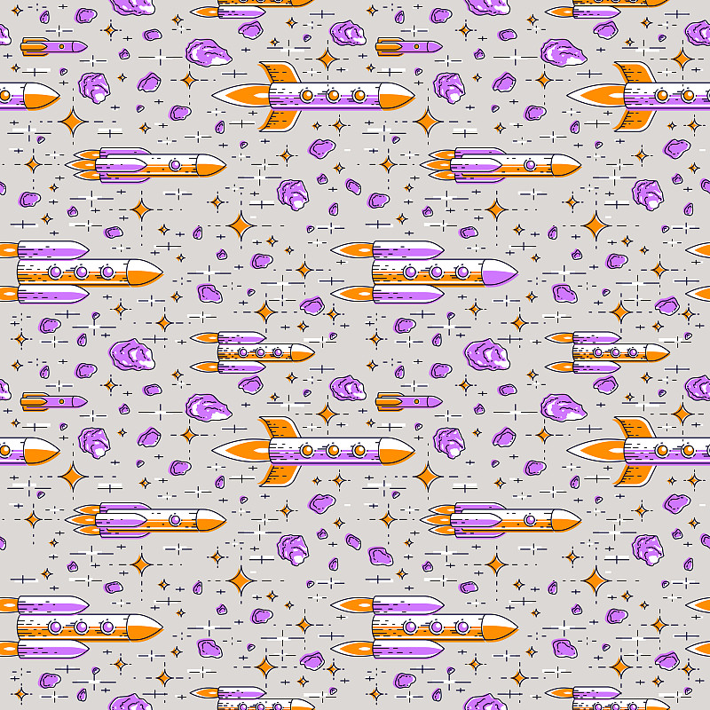 无缝空间背景与火箭和星星，宇宙梦幻和惊人的纺织织物的孩子，无尽的瓷砖图案，矢量插图卡通图案。