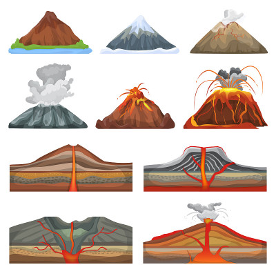 火山矢量喷发和火山活动或火山爆发痉挛的自然火山在山区插图一套火山学孤立在白色背景