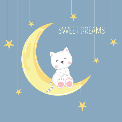 可爱的小猫坐在月亮里睡觉。甜梦设计元素。