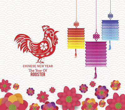 东方快乐春节鲜花盛开和灯笼设计。