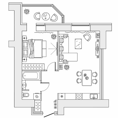 公寓的规划与家具的安排。房屋建筑图纸(俯视图)。室内设计平面从上面。向量