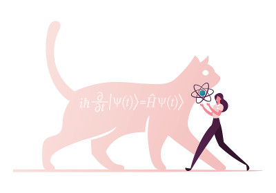 薛定谔方程的猫，物理公式，SchrÃ¶女性性格携带原子模型。现代科学的概念。卡通矢量图