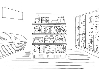 杂货店商店内部黑白图形素描插图矢量