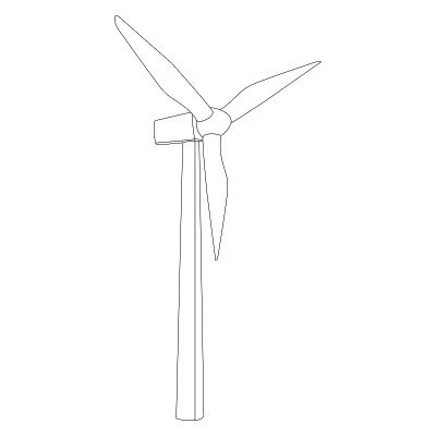 风车轮廓轮廓与三个叶片隔离在白色上。高桅杆风力发电场。可替代的可再生风能。