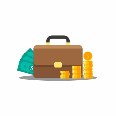 公文包，美元现金图标，金币堆栈图标矢量孤立。