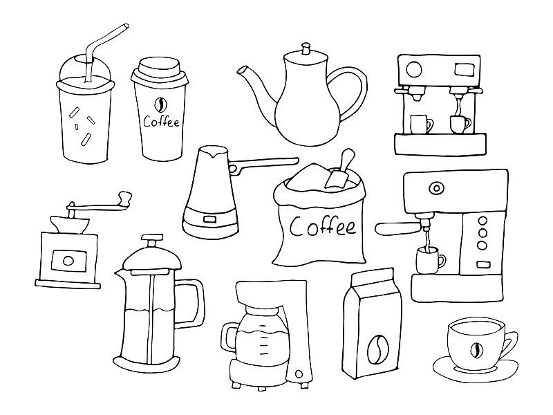 Doodle coffee icons collection in vector. Hand dra