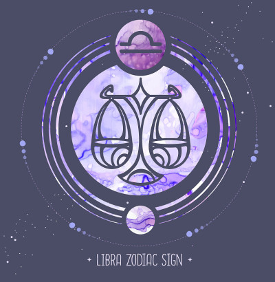 现代魔术魔术卡与占星天秤座星座。酒精墨水背景。星座的特点