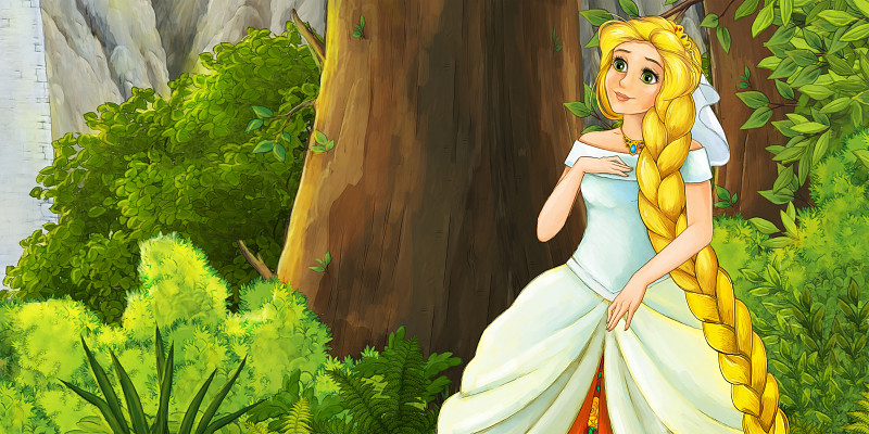 cartoon scene with happy princess in the forest tr