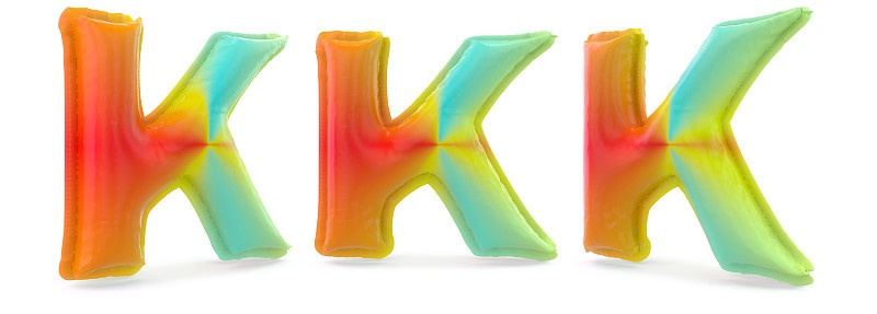 大写字母k。充气多色气球的背景。3 d