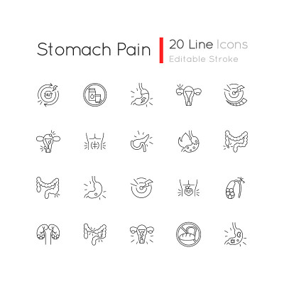 Stomach pain linear icons set