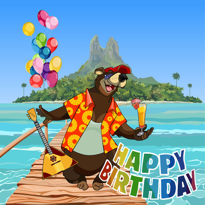 卡通人物快乐熊生日快乐在热带的海上