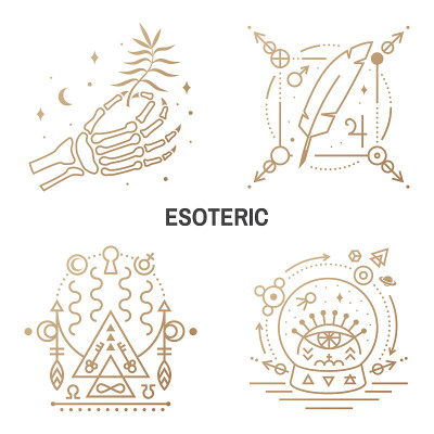 深奥的象征。向量。细线几何徽章。轮廓图标炼金术或神圣的几何学。羽毛、星星、行星、月亮、玻璃球和全视之