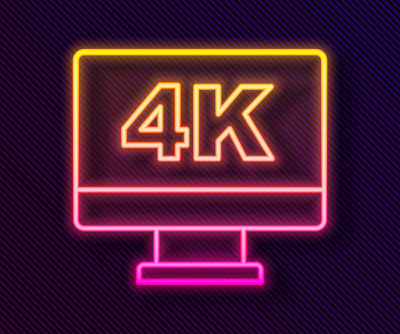 发光霓虹灯线屏幕电视与4k超高清视频技术图标孤立在黑色背景。向量