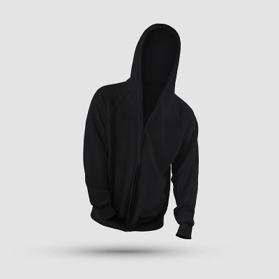 黑色衣服模板3D渲染，有口袋，拉链，领带，前视图，孤立的背景。
