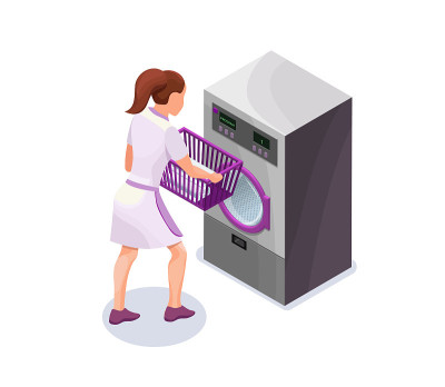 洗衣篮与衣服附近洗衣机，洗衣妇在干洗店，等距3d矢量图