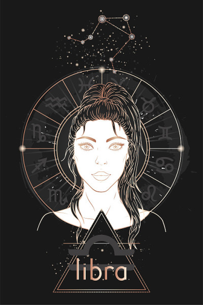占星术金卡。天秤座，星座和美丽的女人肖像。