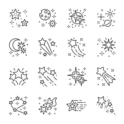 星星，闪烁物，图标集。星座，五角星和闪光，线性图标。可编辑的中风