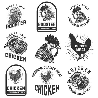 一组公鸡肉徽。标签、标识、会徽的设计元素。矢量图