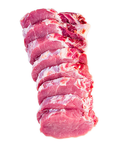 猪肉片里脊孤立在白色背景，俯视图，垂直