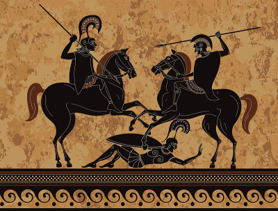 Ancient greece warrior.Black figure pottery.Ancien