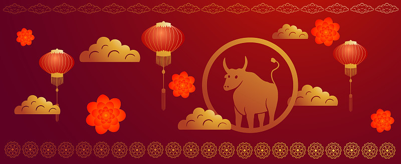 矢量抽象插画的中国新年春节。以红色为背景，以红色为图案，在花、云、灯笼中以公牛为象征。