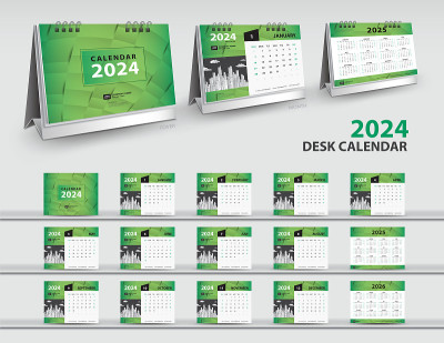 2024年日历，2025年，2026年模板，2022年3d模型台历，挂历设计，绿色封面设计，12个月