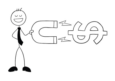 Stickman商人角色手持磁铁吸引美元，矢量卡通插图