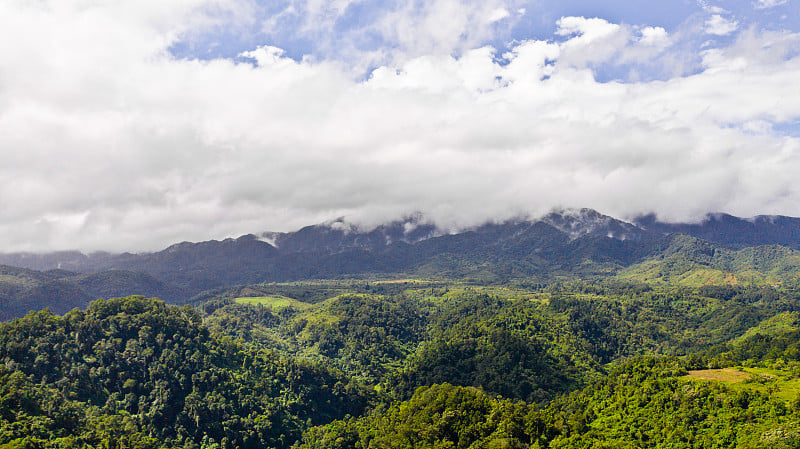 菲律宾科迪勒拉山脉的村庄和稻田。吕宋岛美丽的风景。山川田野，俯视图。