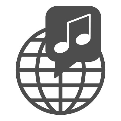 全球与笔记，音乐全球固体图标，音乐概念，国际音乐矢量标志在白色背景，字形风格图标的移动概念和网页设计