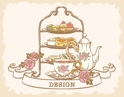 茶点时间对象的插图。复古风格。矢量插图。