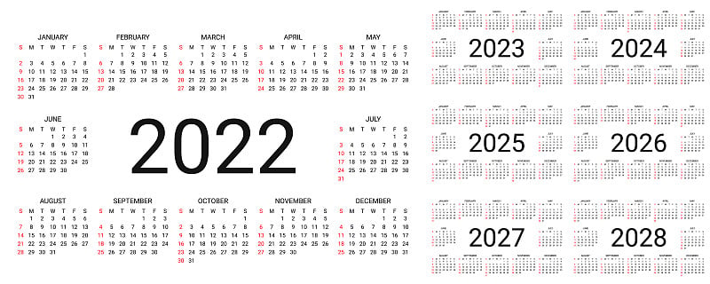 日历2022年、2023年、2024年、2025年、2026年、2027年、2028年。矢量插图。简