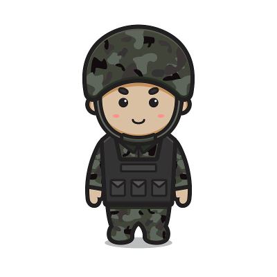 可爱的士兵穿盔甲和头盔卡通矢量图标插图。